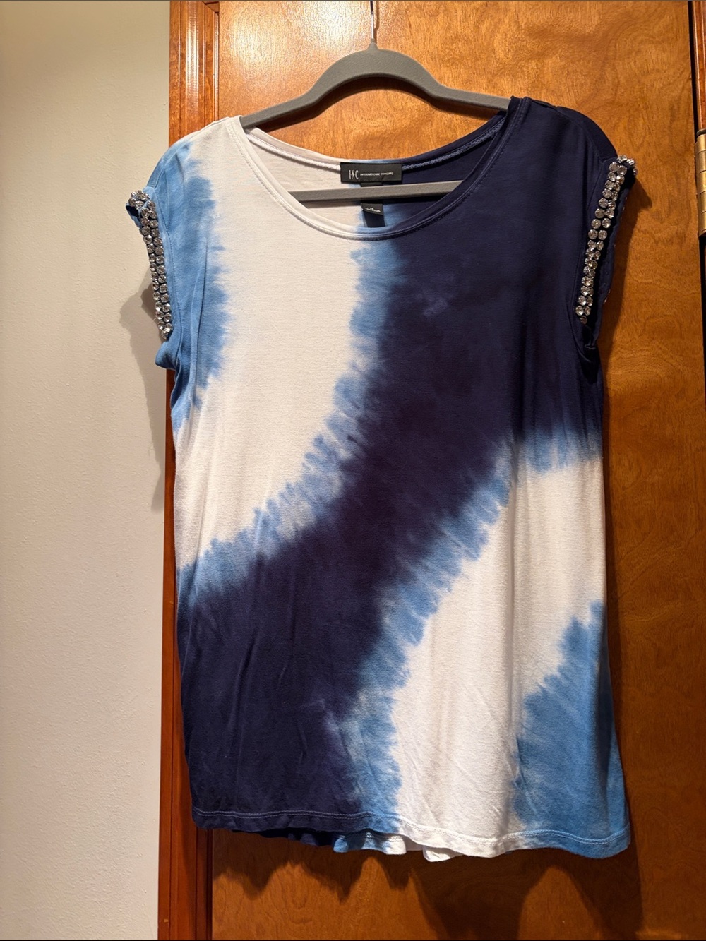 INC International Concepts Blue Tie-Dye Embellished Sleeve Top
